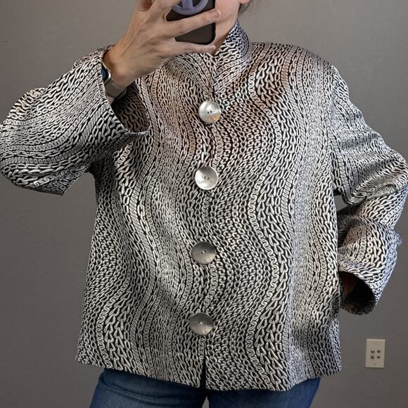 Caroline Rose Silver Chain Print Blazer Size XL Mandarin Collar Metal Button - Picture 2 of 11